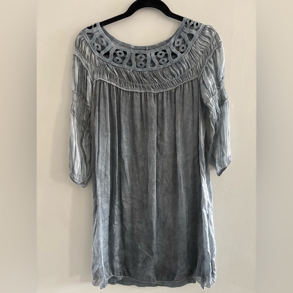 Bellambra Light Blue Made in Italy Women’s 100% Silk Dress Ruffled Sleeve Flowy
